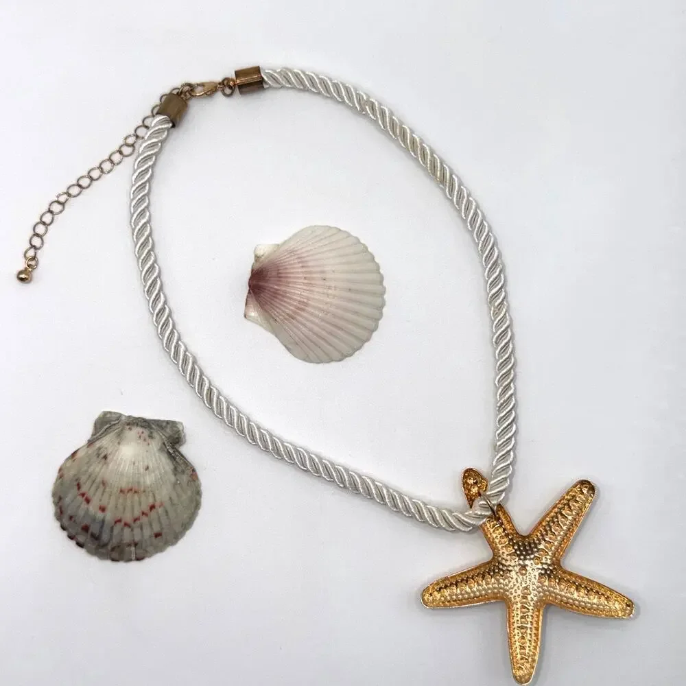 Gold Starfish Pendant Nautical Rope Statement Necklace